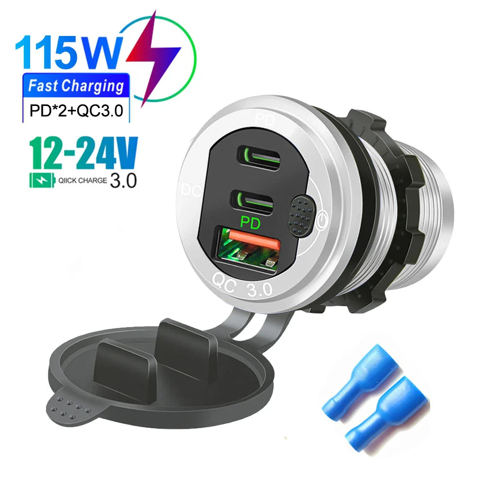Skorter | 115W Car Charger with QC3.0, PD, Voltmeter, USB Ports