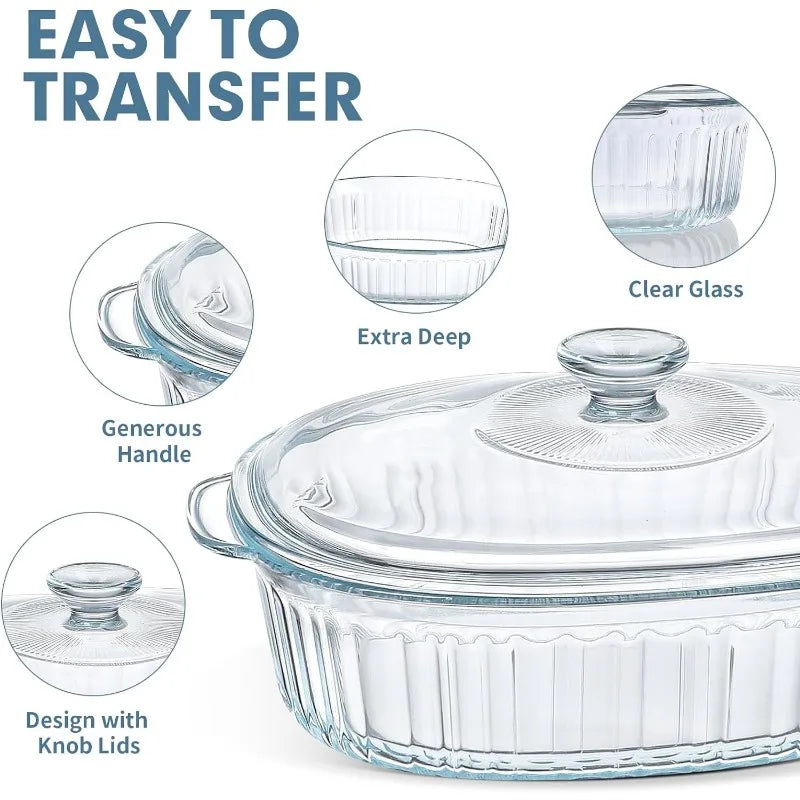 Skorter | 4-piece Glass Bakeware Set with 2 Bakeware Dishes with Glass Lids, 1.9 Qt and 3 Qt