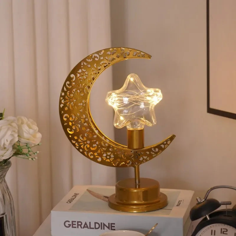 Skorter | Metal Ramadan Moon Lamp - Decorative LED Light for Eid Celebrations, 13x14x28cm, Gold Indoor Decoration