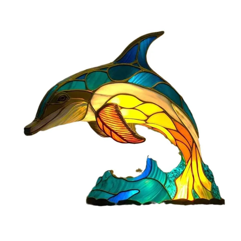 Skorter | 15cm Animal Resin Table Lamp with Stained Glass – Mermaid, Owl, Sea Turtle Design for Home Decor
