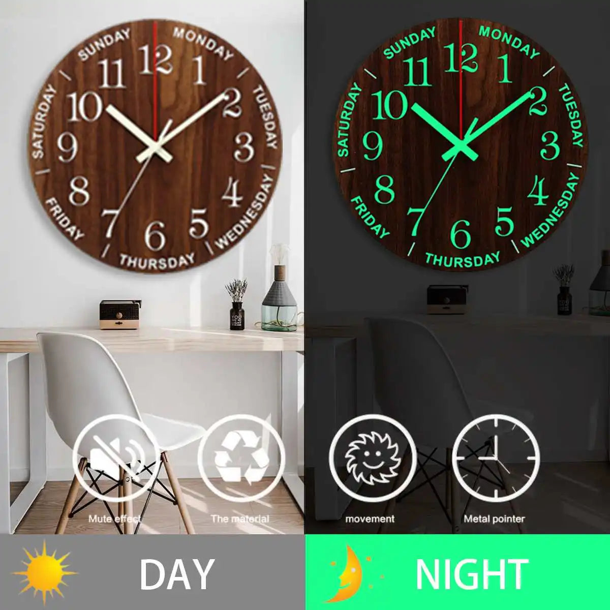 Skorter | GlowClock - Silent Wooden Wall Clock with Night Light