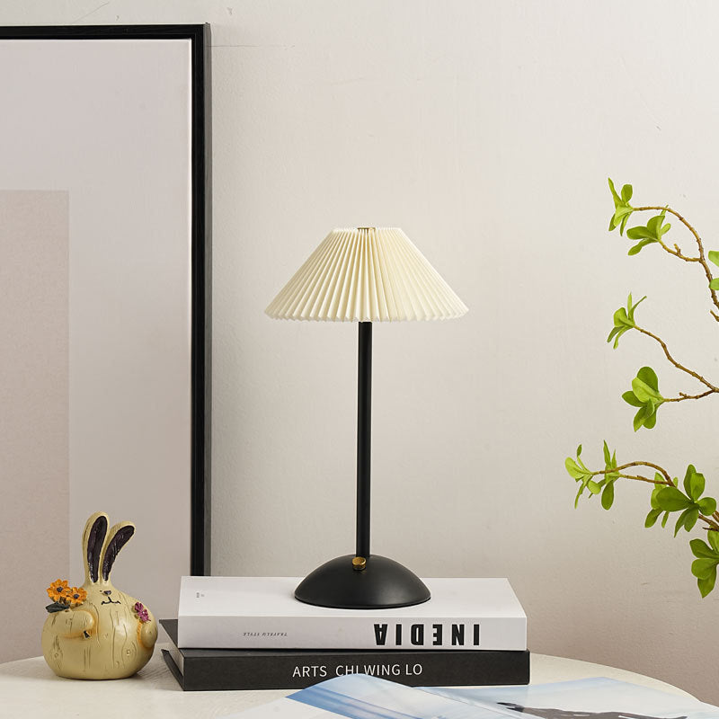 Skorter | Contemporary Scandinavian rechargeable iron fabric cone pleated LED table lamp for bedside