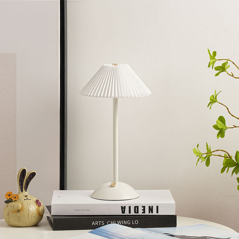 Skorter | Contemporary Scandinavian rechargeable iron fabric cone pleated LED table lamp for bedside