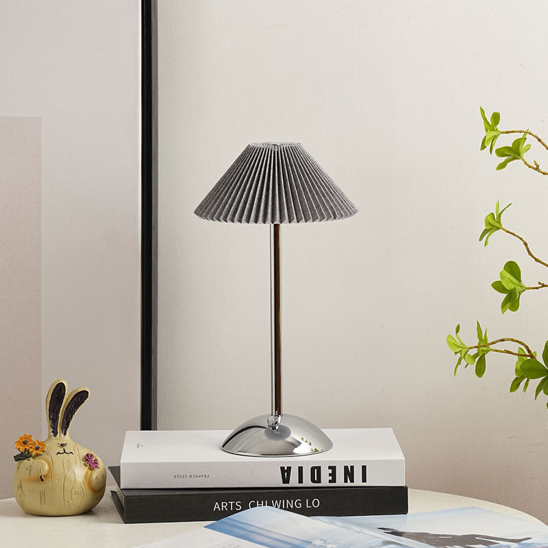 Skorter | Contemporary Scandinavian rechargeable iron fabric cone pleated LED table lamp for bedside
