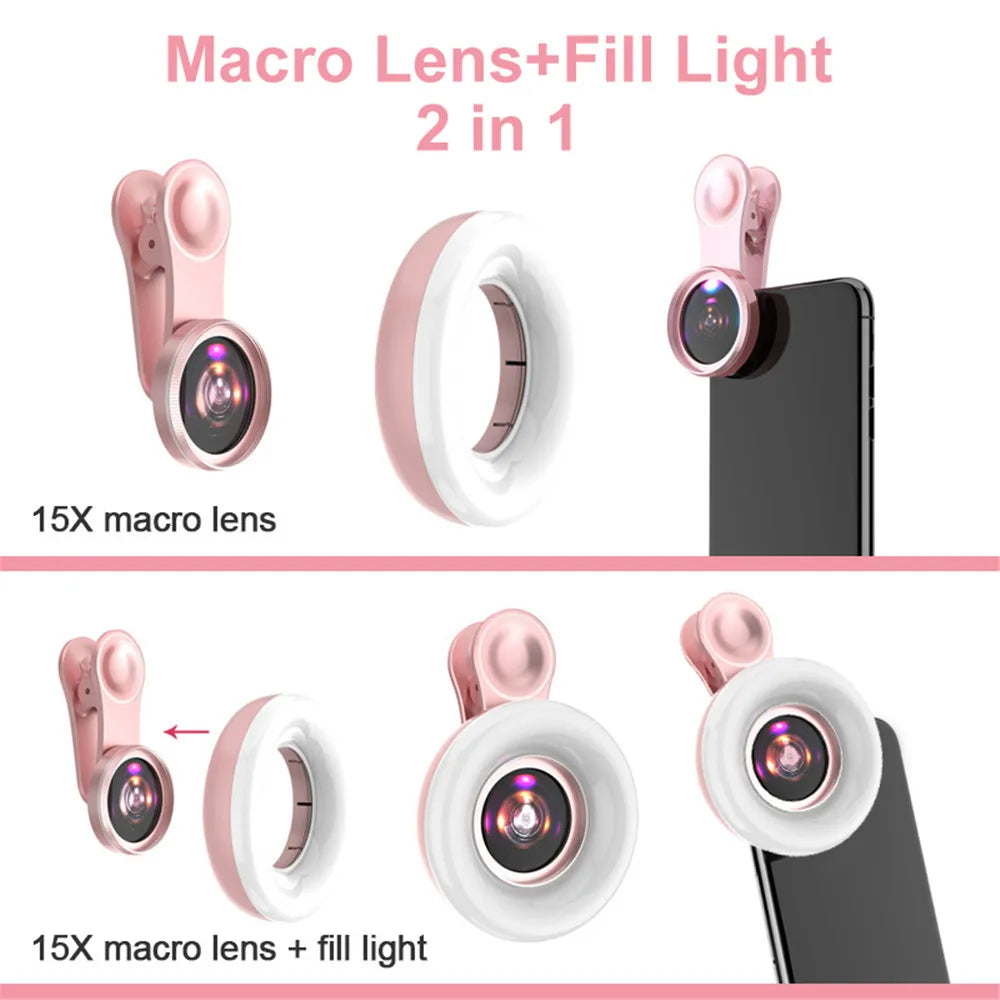 Skorter | Mobile Lens -15X Macro Lens with LED Ring Flash Light - 2 in 1 HD Camera Lens for Smartphone Selfie Live Lamp Fill Light