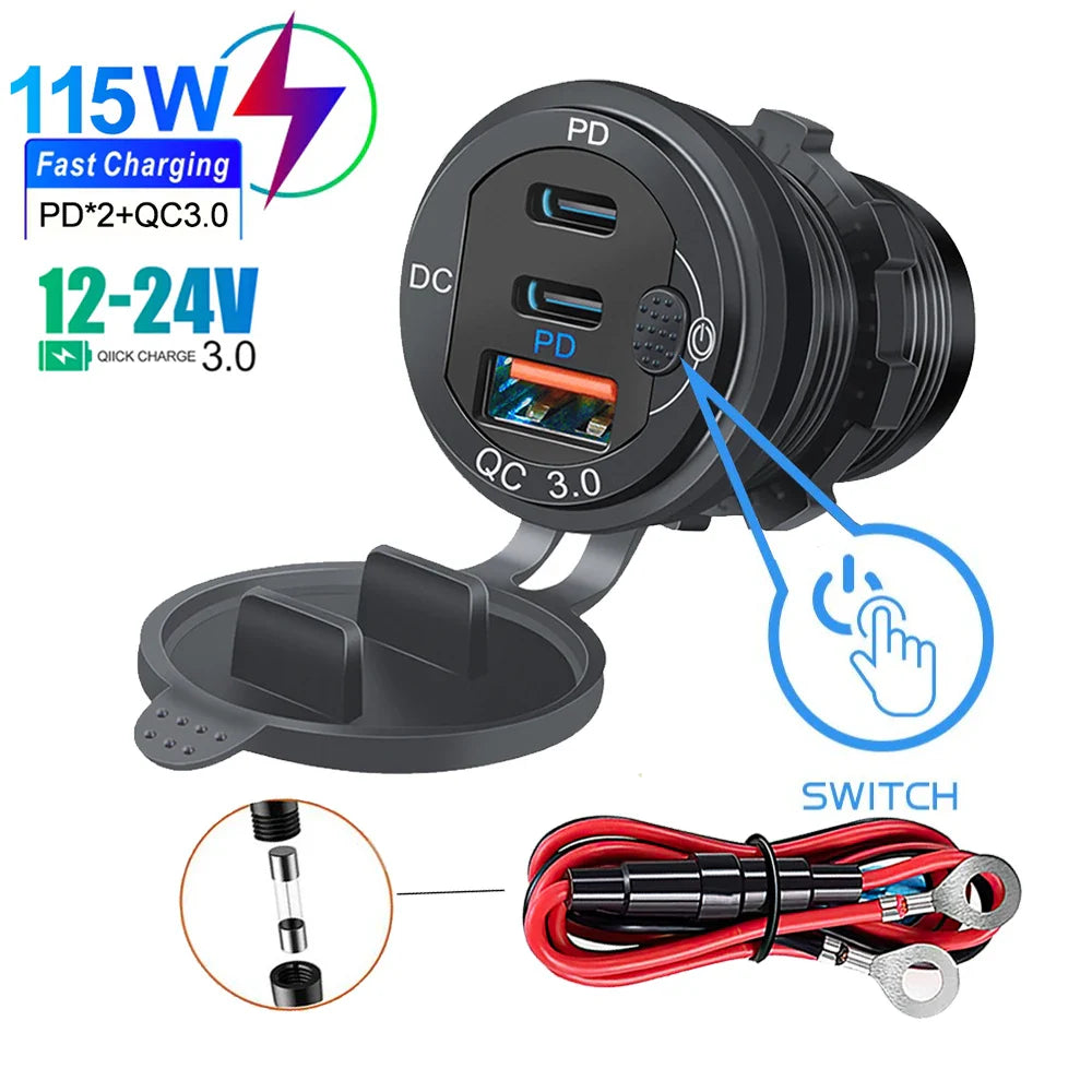 Skorter | 115W Car Charger with QC3.0, PD, Voltmeter, USB Ports
