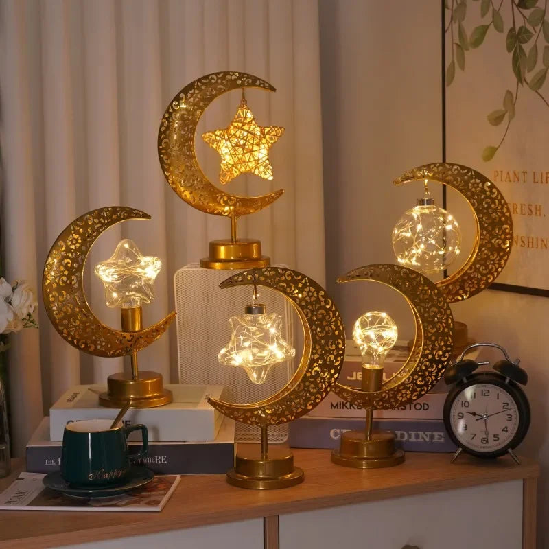 Skorter | Metal Ramadan Moon Lamp - Decorative LED Light for Eid Celebrations, 13x14x28cm, Gold Indoor Decoration