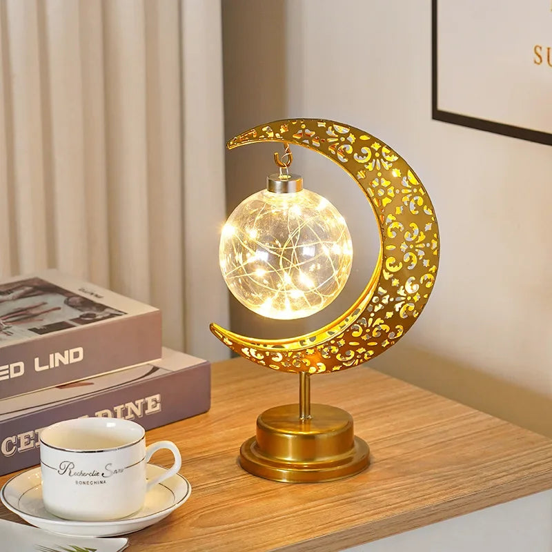 Skorter | Metal Ramadan Moon Lamp - Decorative LED Light for Eid Celebrations, 13x14x28cm, Gold Indoor Decoration