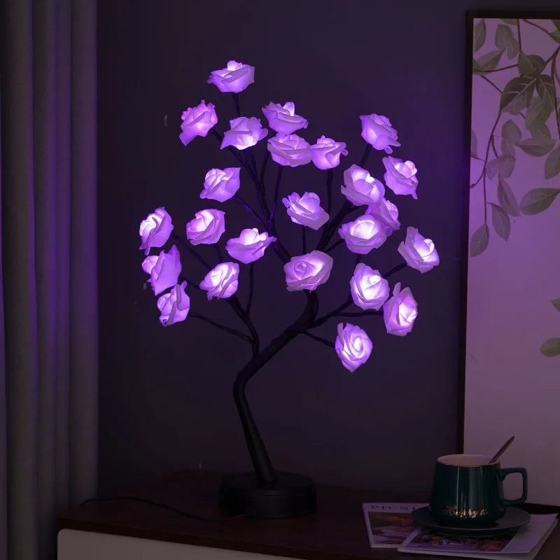 Skorter | RGB Rose Flower Tree Lights 24LED USB Battery Table Lamp Fairy Night Light Home Party Christmas Wedding Bedroom Decoration Gift