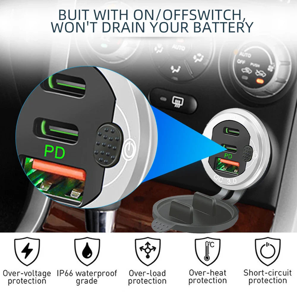 Skorter | 115W Car Charger with QC3.0, PD, Voltmeter, USB Ports