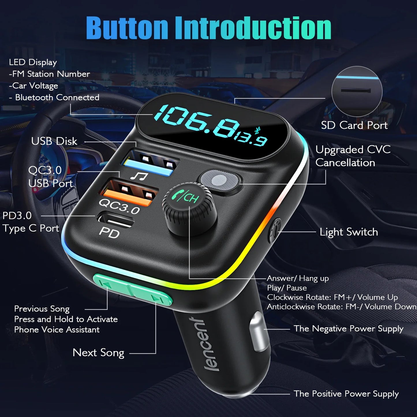 Skorter | Bluetooth 5.0 FM Transmitter Car Kit with PD & QC3.0