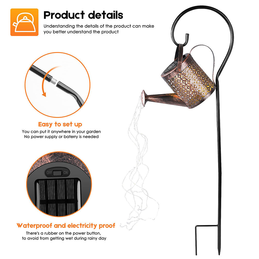Skorter | Solar Water Can Light Hanging Kettle Lantern Light Waterproof Garden Decor Metal Retro Lamp for Outdoor Table Patio Lawn Yard