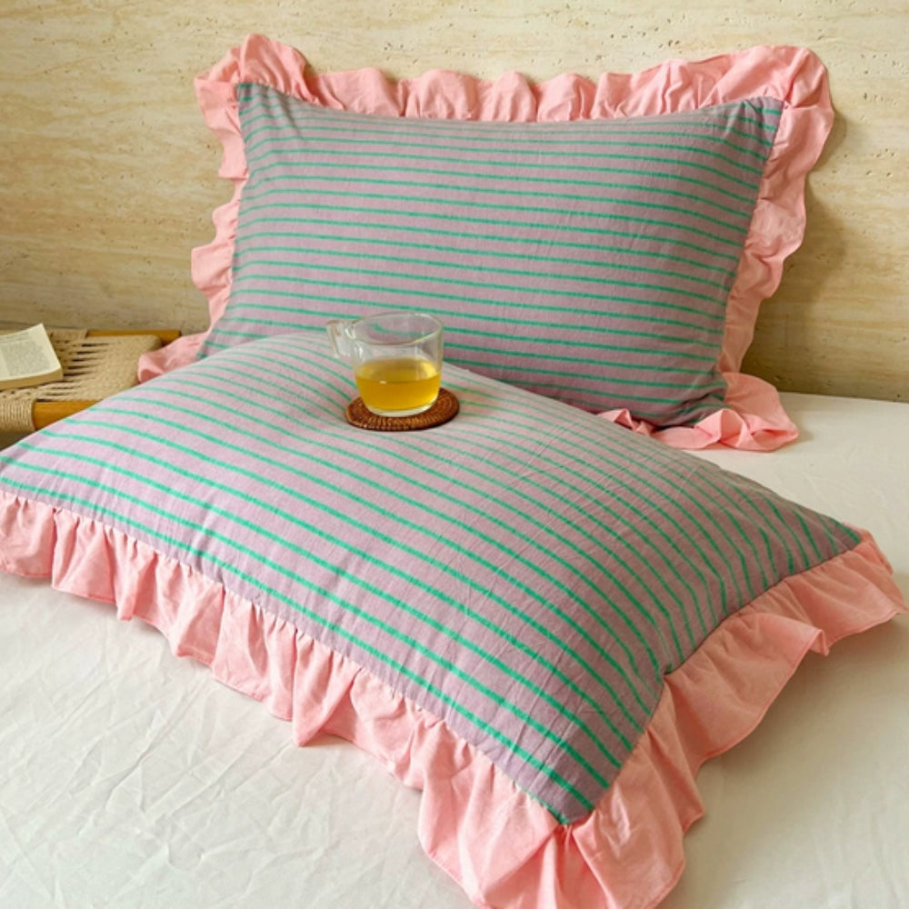 Skorter | Striped Ruffled Lace Pillowcases in Multiple Colors
