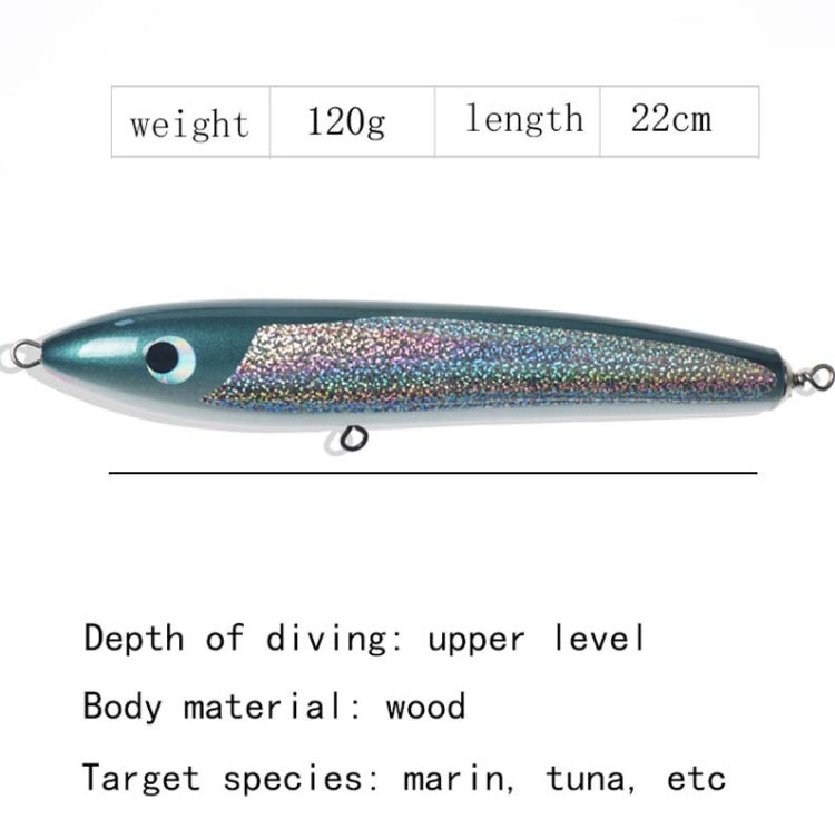 Skorter | 120g 22cm Floating Water Wooden Handmade Big Pencil Deep Sea Boat Fishing Wave Lying Tuna Bait(Green Laser)