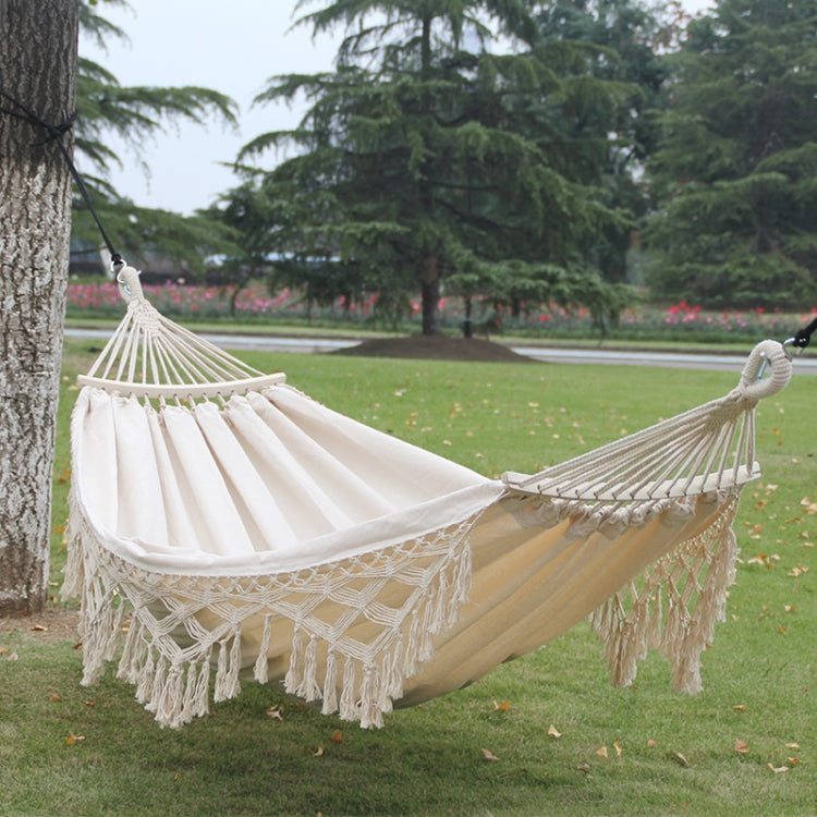 Skorter | 200x150cm Double Outdoor Camping Tassel Canvas Hammock with Stick(White)