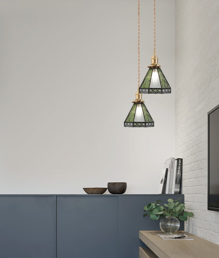 Skorter | Vintage Green Striped Speckled Bubble Glass Pendant Lamp
