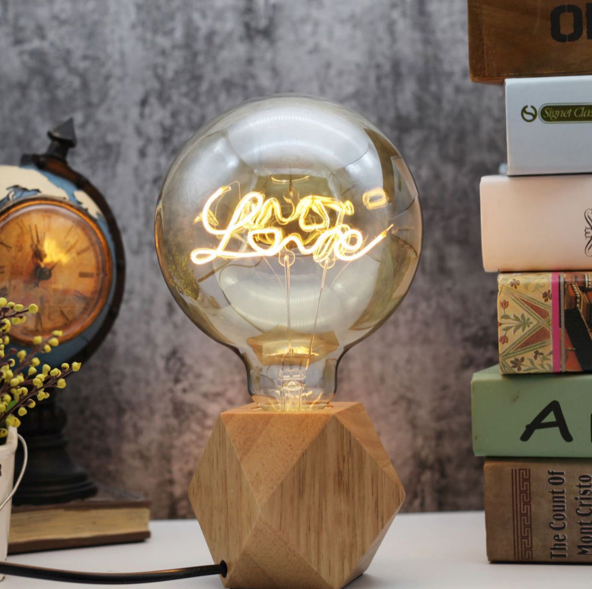 Skorter | Vintage industrial large LED Edison globe with filament text Love