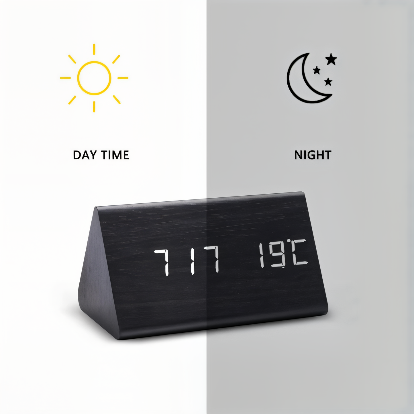 Skorter | WakeyCue | Modern Wooden LED Digital Alarm Clock with Temperature & Humidity Display