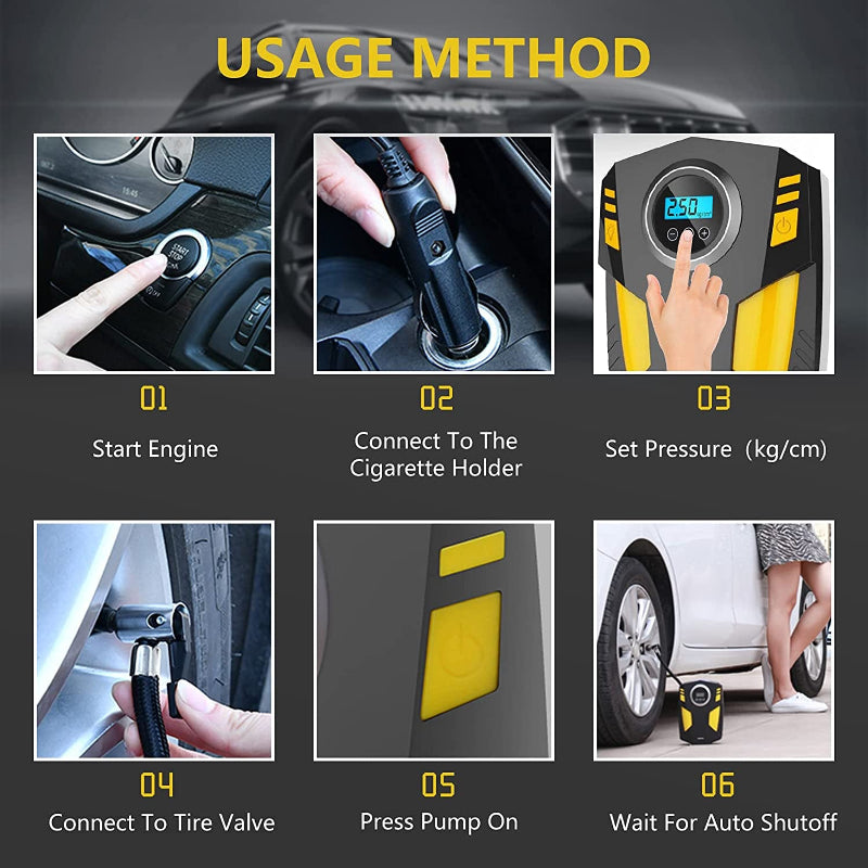 Skorter | Portable tire pump with LED light and 3 nozzle adapters