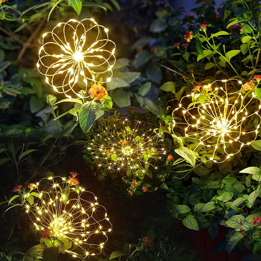 Skorter | Outdoor sunlight, Solar firework lights, 4 pack solar garden lights with 120 LED hedge star lights 8 modes patio fairy lights for pathway lawn backyard decoration (Warm white)