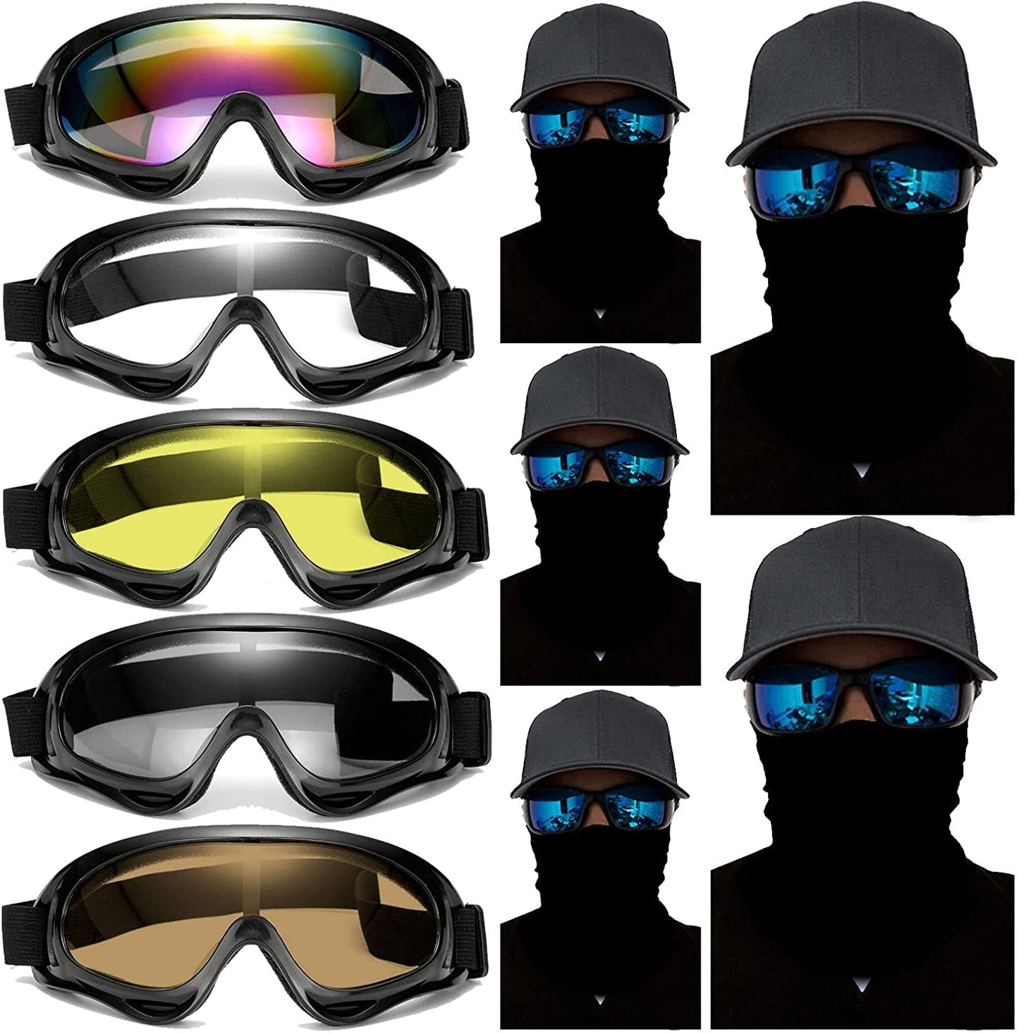 Skorter | 10 Packs Motorcycle Accessories, 5PCS Mountain Bike Ski Goggles Dustproof Windproof Safety Glasses and 5PCS Face Masks
