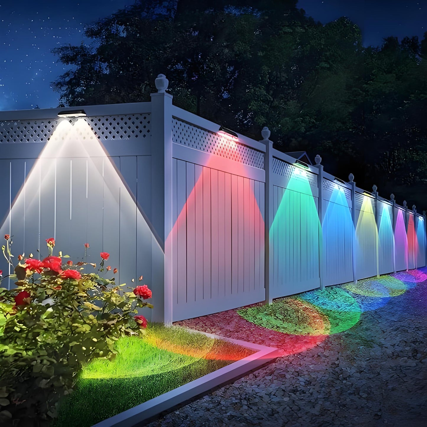 Skorter | Solar fence lights outdoor warm white & RGB changing solar deck lights, LED solar lights for outdoor wall railing terrace stairs step garden backyard