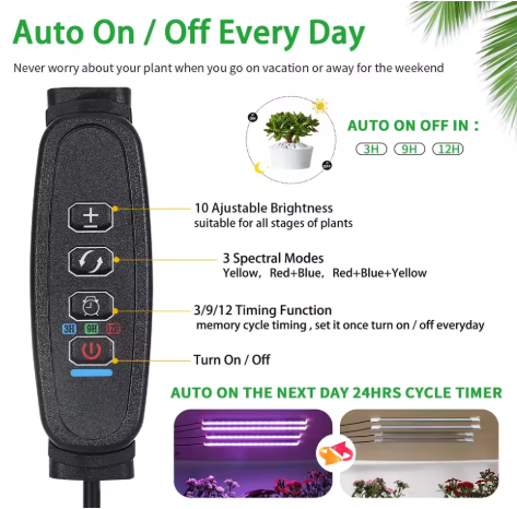 Skorter | Rwntao Fire Stripe Growth Lamp For Indoor Plants, Red & 3000K & 6000K Full Spectrum Led Growth Light Strips With Automatic On/Off 3/9/12H Timer, 10 Dimmable Levels For Greenhouse Succulent (13 Inches)