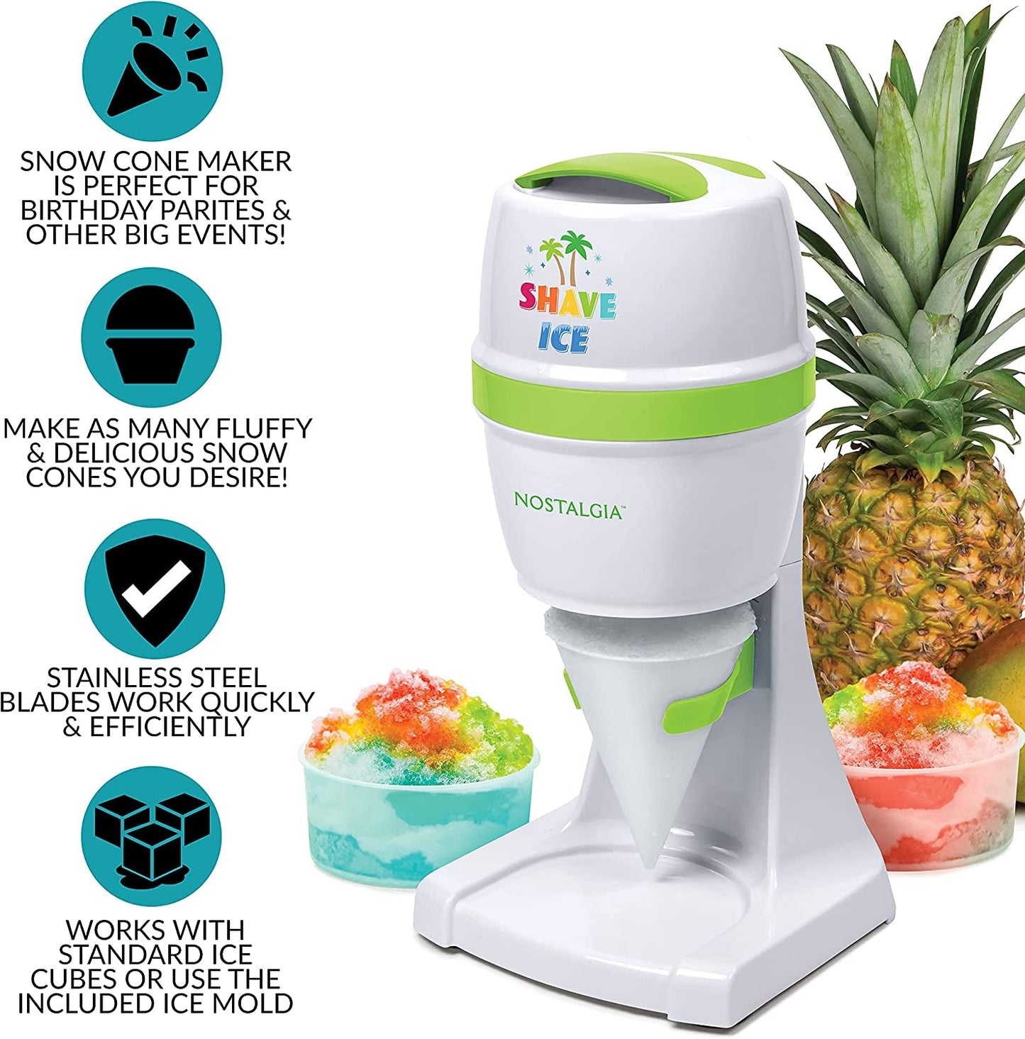 Skørter | Electric Hawaiian Tabletop Snow Cone Machine, Shaved Ice Machine Included 1 Reusable Plastic Cup and Ice Molds, White/Green