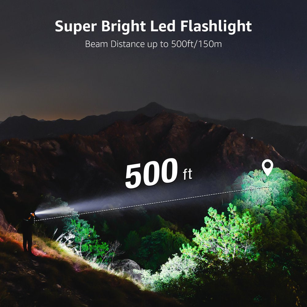 Skorter | 2-Pack LED Flashlights with Hook LE2050 Flashlight High Lumen Super Bright, 5 Light Settings, Zoomable Waterproof Lightweight Flashlights for Emergencies, Camping, Powered by AAA Battery,