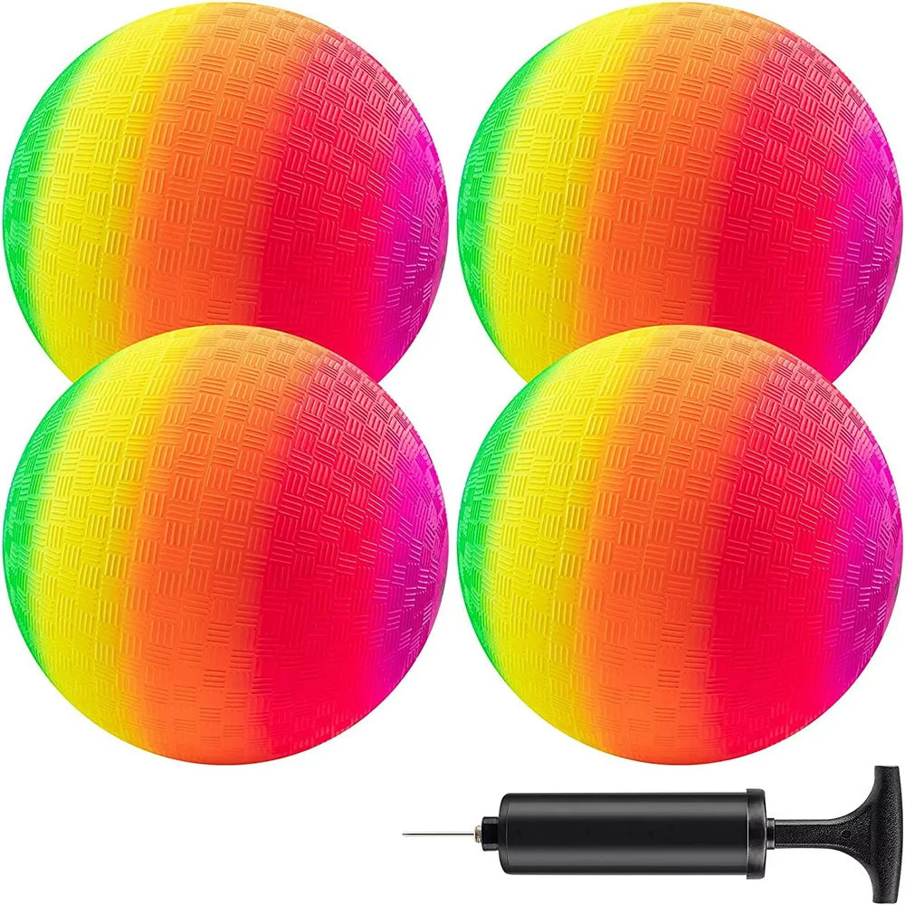 Skørter | Play Balls Kickballs 8.5 Inches, Rainbow Play Ball Set for Kids and Adults, Dodgeball Kick Balls Handballs for Indoor & Outdoor Playground Games with Hand Pump (4 Pack)