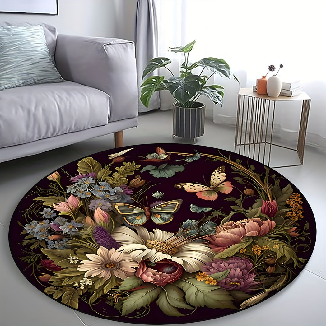 Skorter | Darkness Butterfly Floral Round Rug - Non-slip, Washable, soft and comfortable polyester rug for living room, bedroom, office and children's room