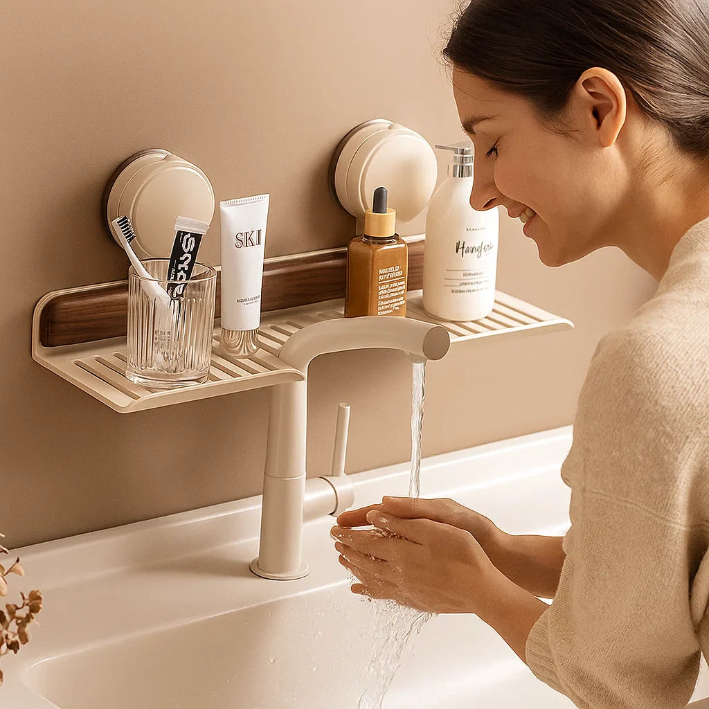 Skorter | Bathroom suction cup sink shelf in walnut design