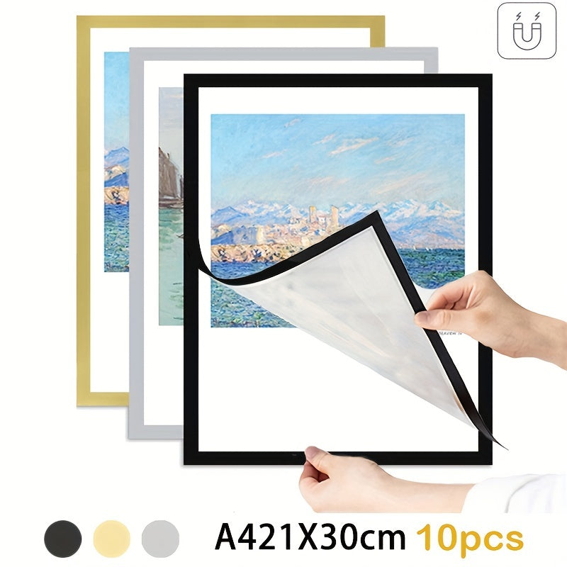Skorter | 10 pieces Magnetic Photo frame - A4 Poster frame, Reusable Frame in Gold/Silver/Black for Wall decoration
