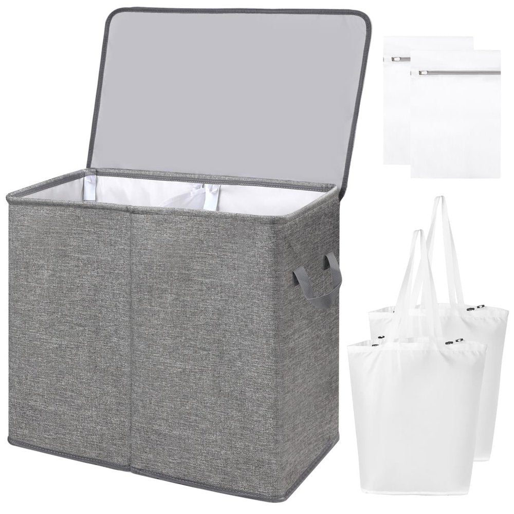 Skorter | Double Laundry Basket with Lid and Carry Bag, Large Foldable 2 Dividers Laundry Hamper with Handles for Bedroom, Laundry Room, Closet, Bathroom, College, Dark Gray