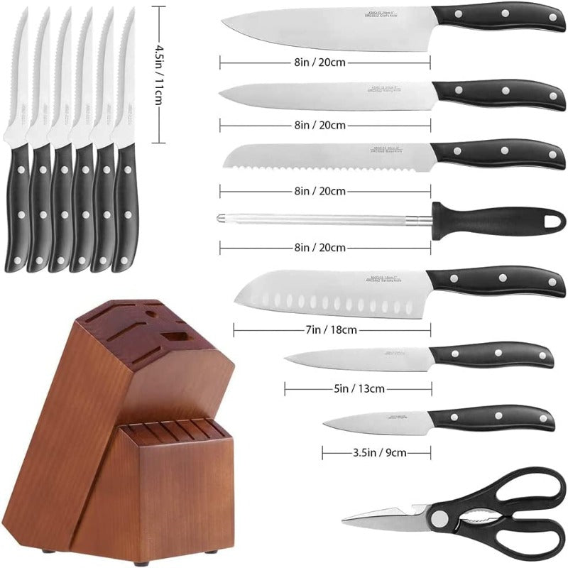 Skorter | 15-piece professional chef knife set with wooden block, high-carbon stainless steel with scissors, knife sharpener, and 6 serrated steak knives