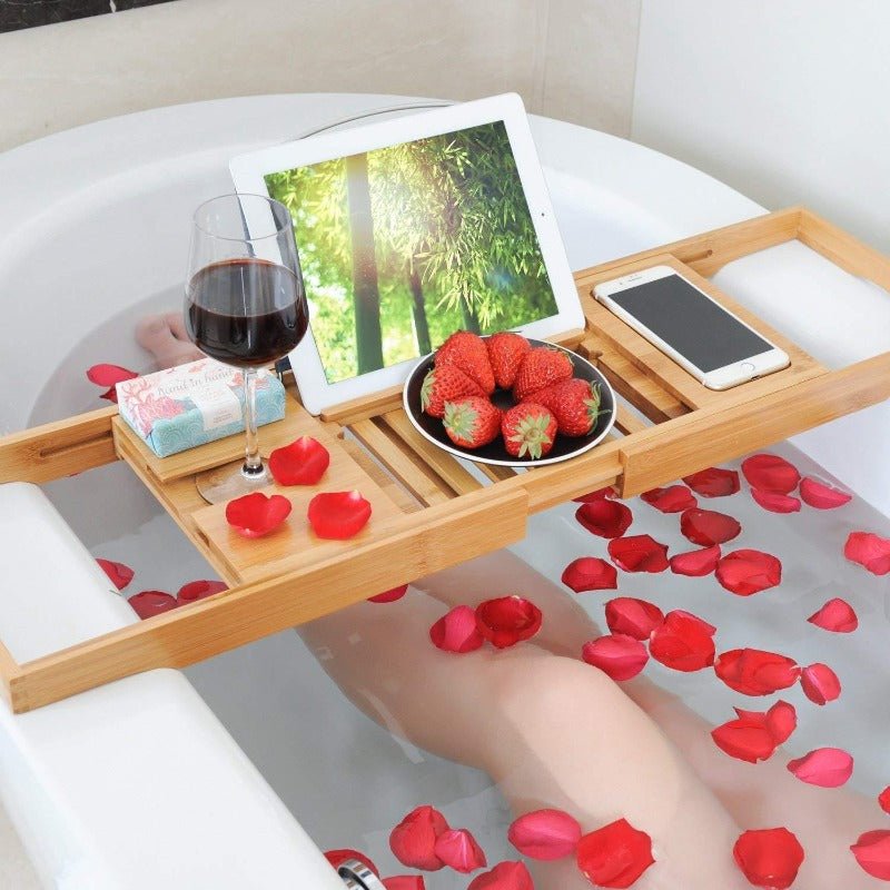 Skorter | Aurevo Bamboo Bath Caddy | Extendable luxury bathtub tray with wine glass & book holder