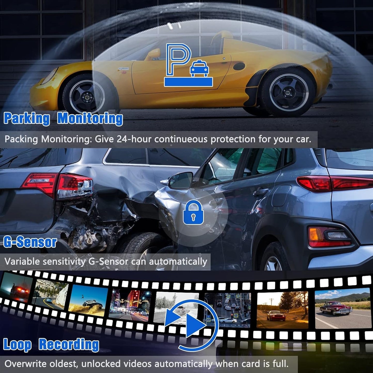 Skørter | 2K Front Dash Cam with built-in WiFi - QHD 1440P with super night vision, G-sensor, 24 hours parking, 170° wide angle, loop recording