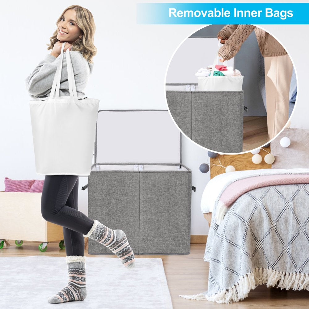 Skorter | Double Laundry Basket with Lid and Carry Bag, Large Foldable 2 Dividers Laundry Hamper with Handles for Bedroom, Laundry Room, Closet, Bathroom, College, Dark Gray