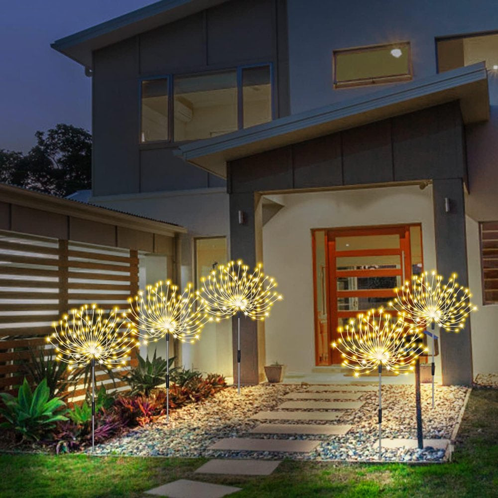 Skorter | Outdoor sunlight, Solar firework lights, 4 pack solar garden lights with 120 LED hedge star lights 8 modes patio fairy lights for pathway lawn backyard decoration (Warm white)