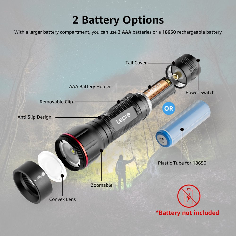 Skorter | 2-Pack LED Flashlights with Hook LE2050 Flashlight High Lumen Super Bright, 5 Light Settings, Zoomable Waterproof Lightweight Flashlights for Emergencies, Camping, Powered by AAA Battery,
