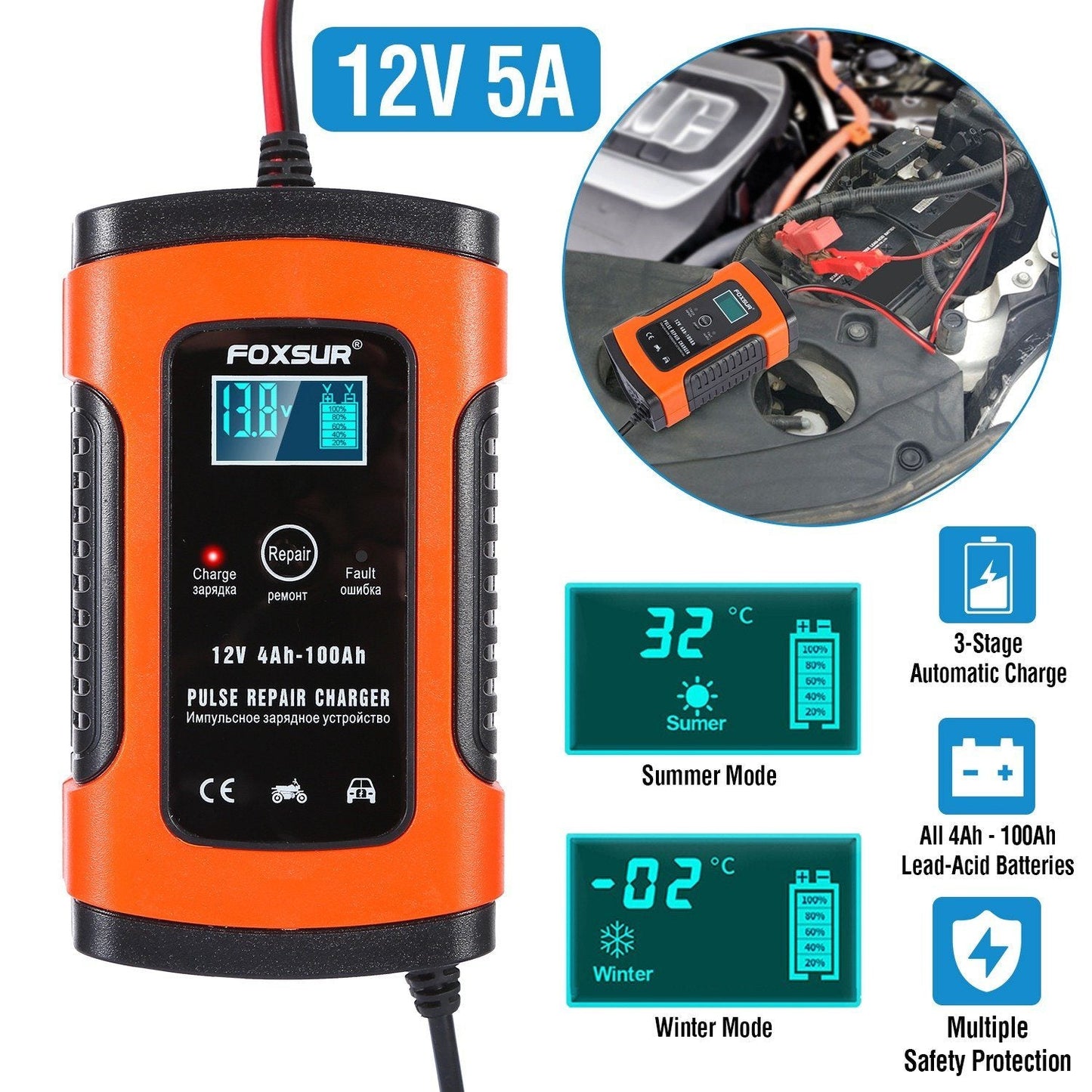 Skorter | Car Battery Charger 12V 5A Recovery Pulse Repair