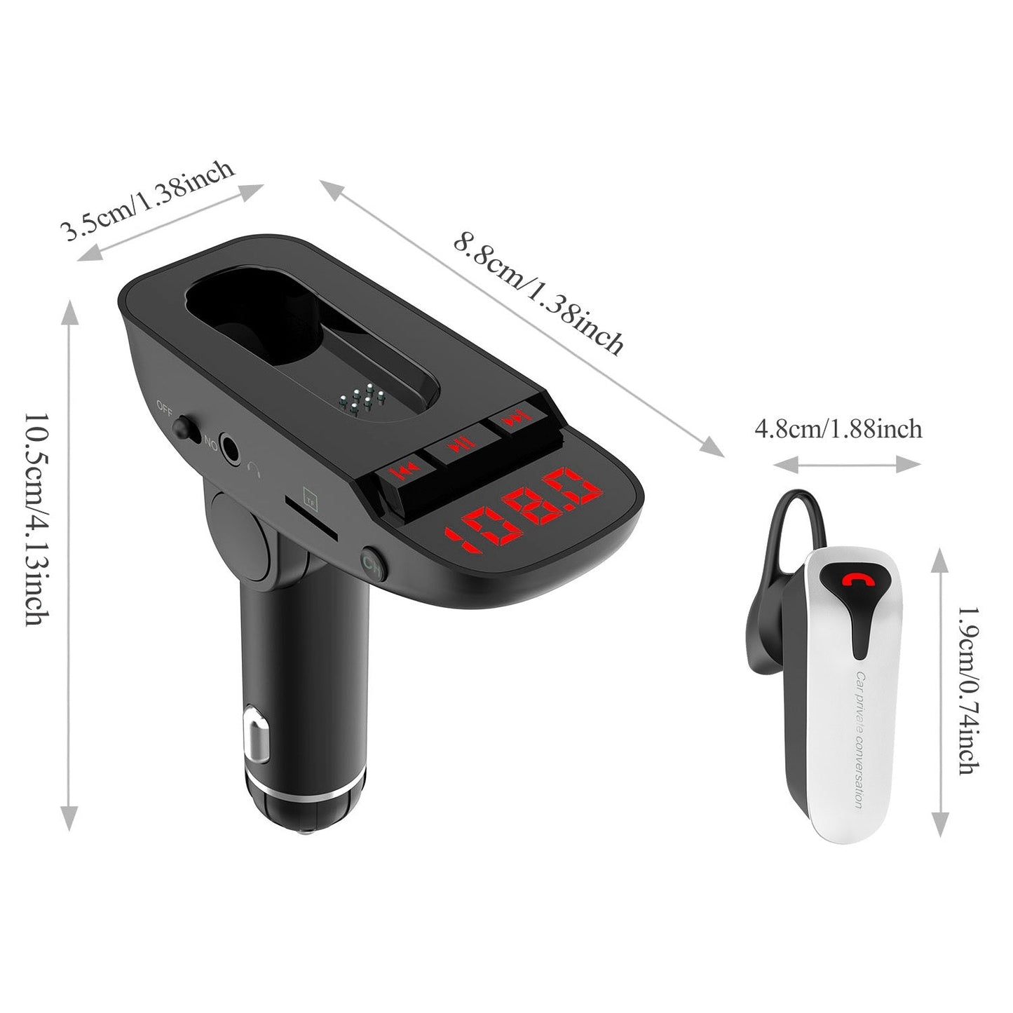 Skorter | Car FM transmitter with wireless earbud 2 USB charging ports