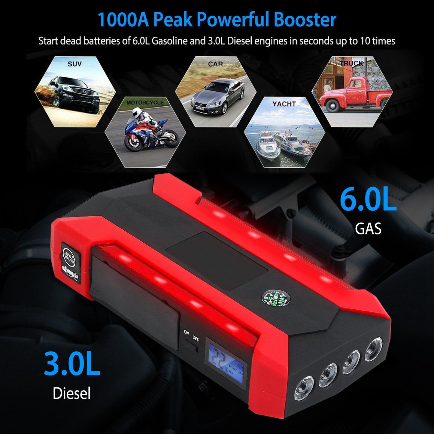 Skorter | Car starting battery booster with LCD screen 4 modes LED flashlight