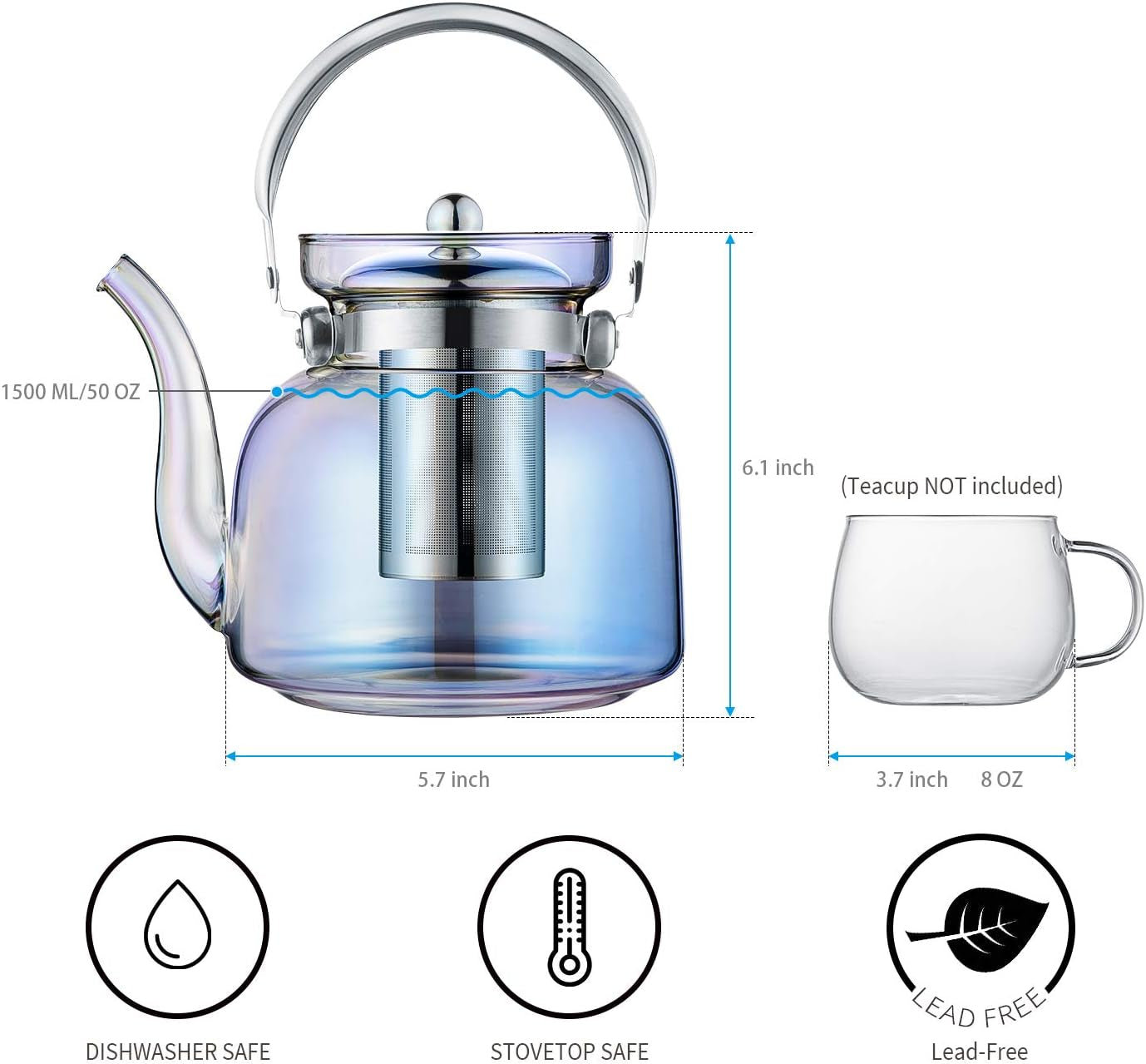 Skorter | 50 Oz(1500Ml) Glass Teapot with Lid, Removable Stainless Steel Tea Strainer and Handle, Stovetop Safe Tea Maker for Blooming and Loose Leaf Tea (Iridescent)