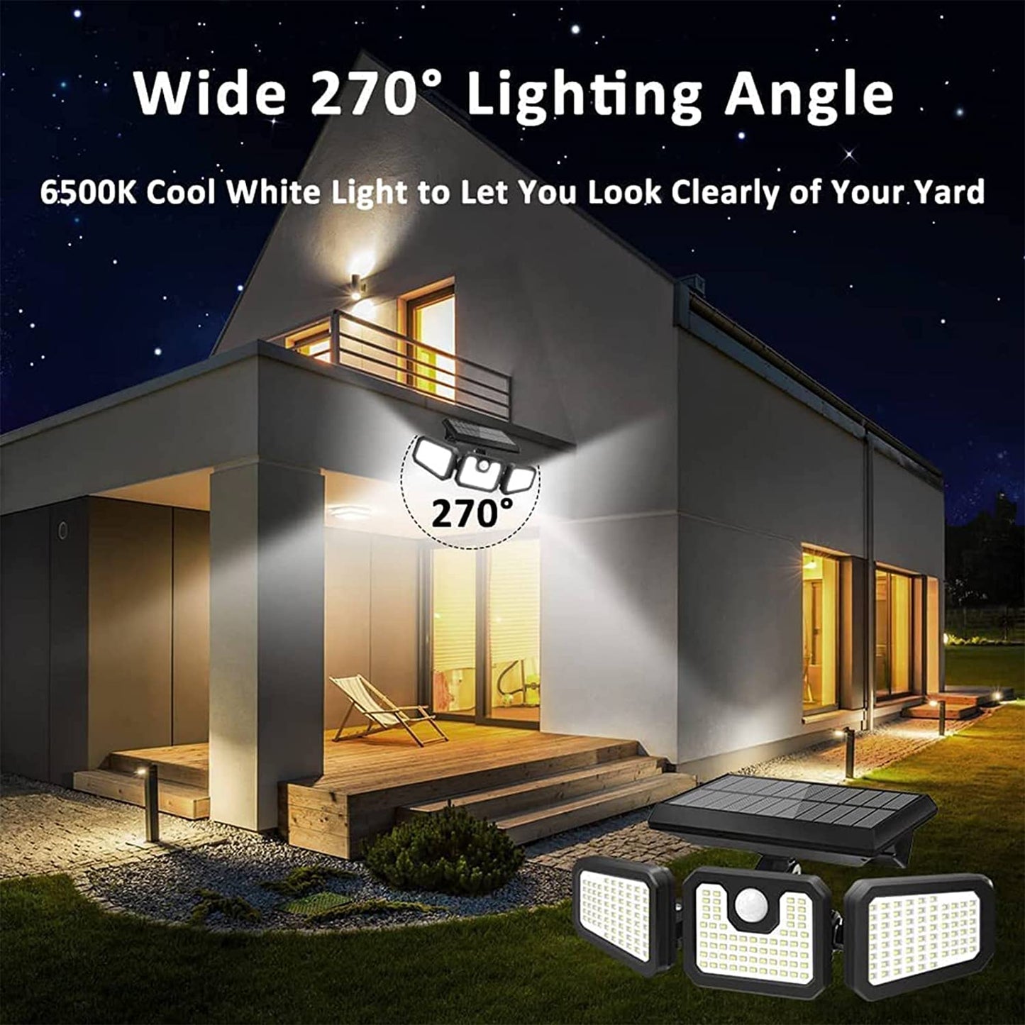 Skorter | 2 Pack 210 LED Solar Outdoor Lighting 3 Heads Solar Lights IP65 Waterproof Solar Motion Sensor Light with Remote Control for Terrace, Garden, Yard