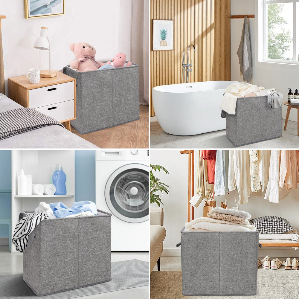 Skorter | Double Laundry Basket with Lid and Carry Bag, Large Foldable 2 Dividers Laundry Hamper with Handles for Bedroom, Laundry Room, Closet, Bathroom, College, Dark Gray