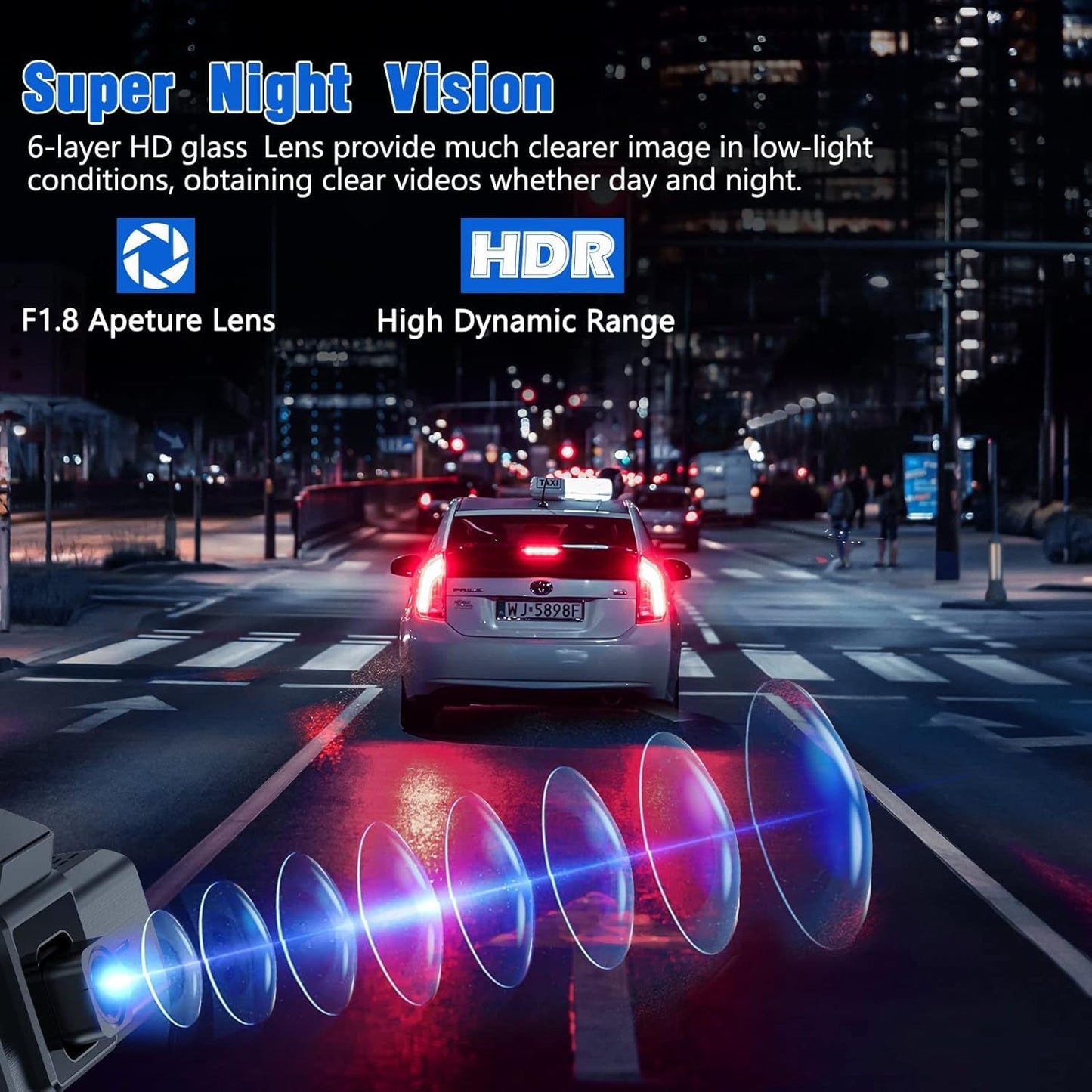 Skørter | 2K Front Dash Cam with built-in WiFi - QHD 1440P with super night vision, G-sensor, 24 hours parking, 170° wide angle, loop recording