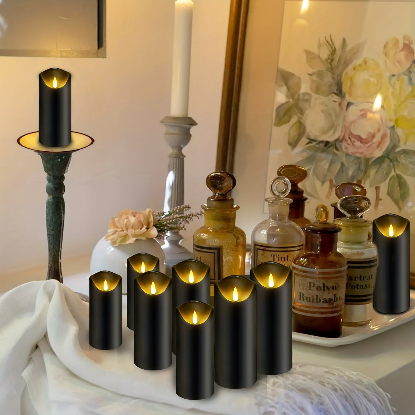 Skorter | Eebuss 5-piece Flicker Flameless Candle Holder Set with Remote Control and Timer - LED Light for Decoration (Black)
