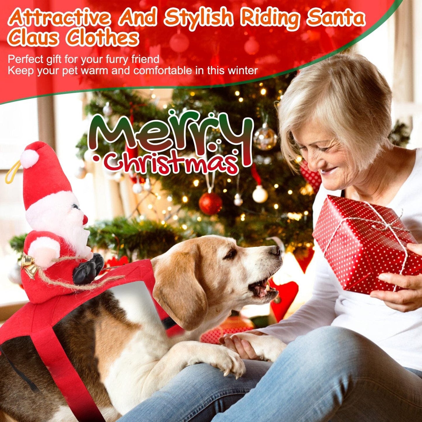 Skorter | Christmas Costumes Red Winter Coat for Dog Riding Santa Claus with Bell