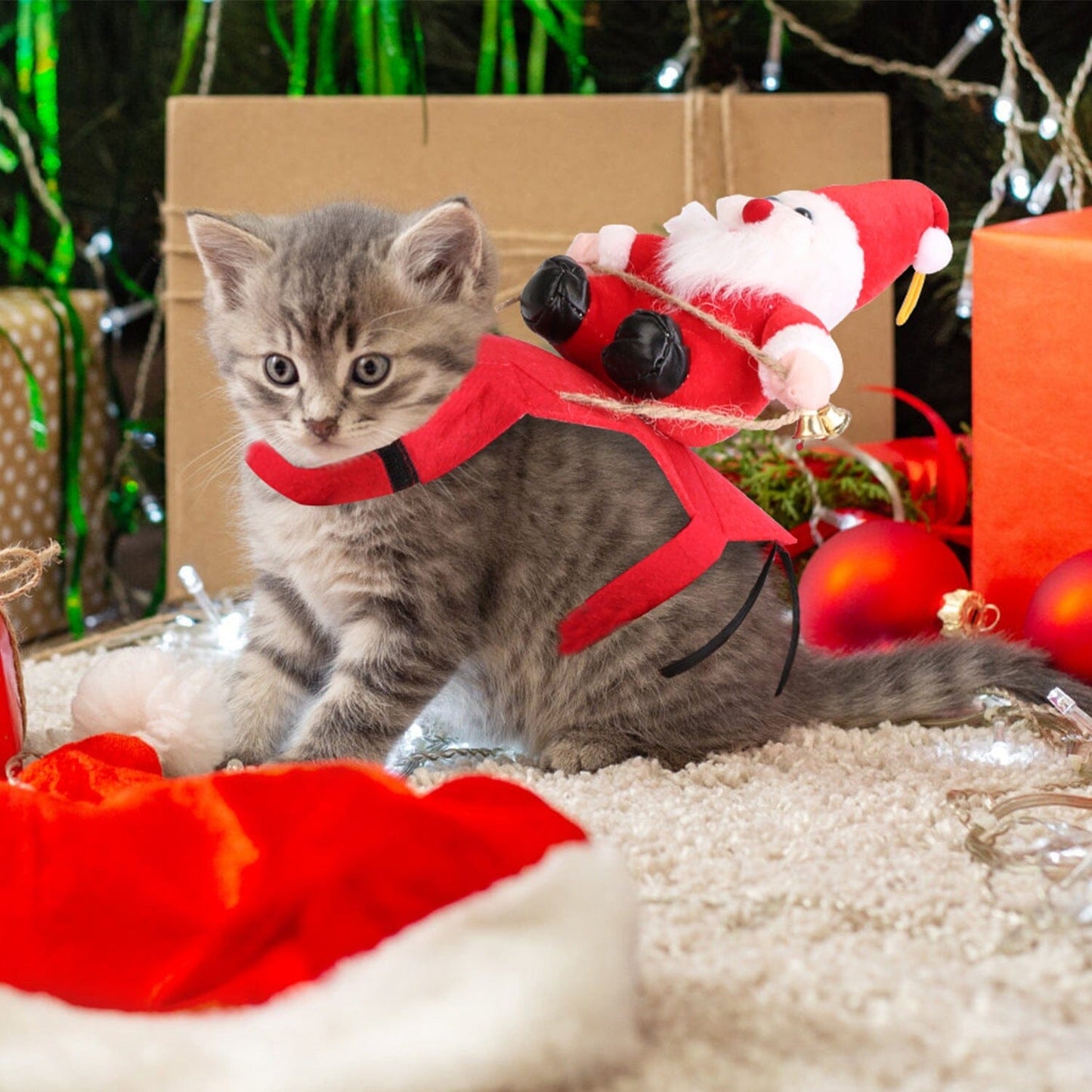 Skorter | Christmas Costumes Red Winter Coat for Dog Riding Santa Claus with Bell